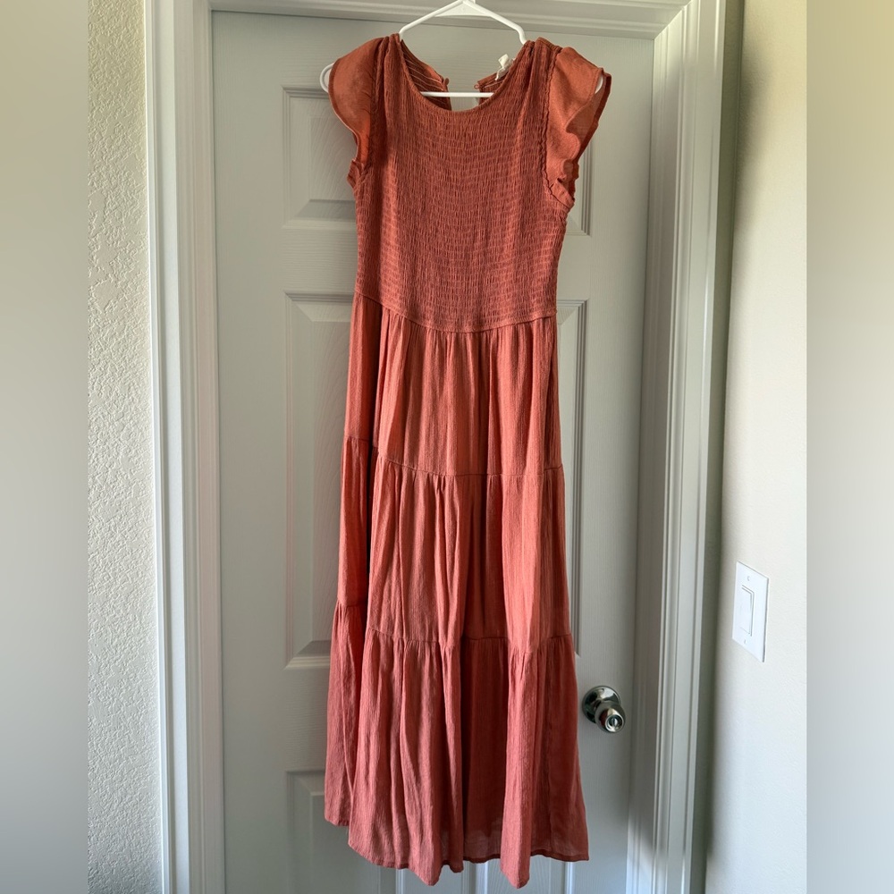 Rust Tiered Maxi Dress with Ruffle Sleeves